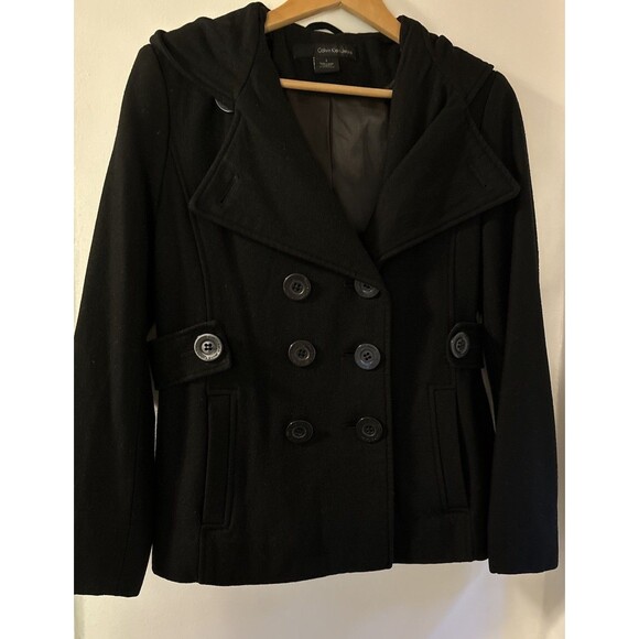 Calvin Klein Jeans Women's Double Breasted 60% Wool Black Pea Coat Size 8 /Hood - Picture 1 of 8